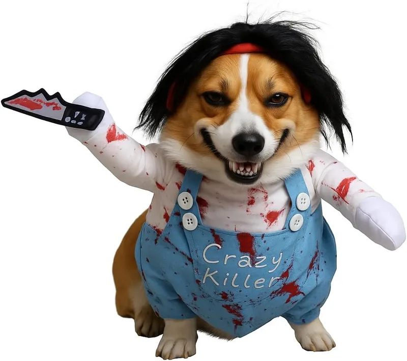 Valicaer ▫️ Fato de cão Chucky para animais de estimação, roupa de Halloween para cães e festa de cosplay de gato, fato divertido para cães de pequeno a grande porte (pequeno)