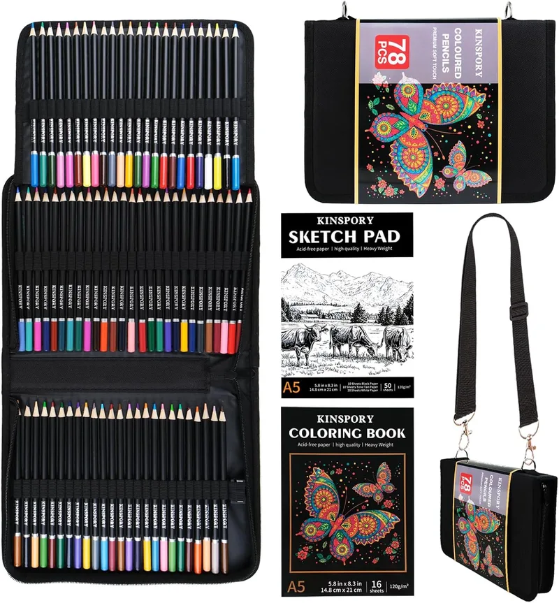KINSPORY ▫️ 78 lápis de cor com grafite macio 3,0 mm, bloco de desenho 50 folhas 3 cores, kit de desenho com alça de ombro ajustável - prenda para adultos artistas principiantes raparigas crianças