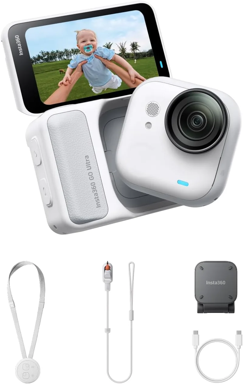 Insta360 ▫️ GO Ultra Branca – Pequena câmara para vlogs em 4K, mãos livres, câmara POV, sensor de 1/1,28", peso de 53 g, campo de visão de 156°, bateria com autonomia de 200 min, câmara de ação magnética e portátil para desporto