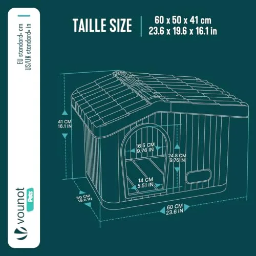 VOUNOT ▫️ ® Casinha de plástico para gatos 60x51x41 cm, casinha para animais de estimação, casinha para cães com telhado amovível, grelha de ventilação e pés antiderrapantes, fácil de montar para interior e exterior, branca 3