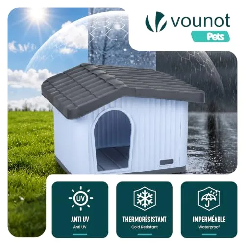 VOUNOT ▫️ ® Casinha de plástico para gatos 60x51x41 cm, casinha para animais de estimação, casinha para cães com telhado amovível, grelha de ventilação e pés antiderrapantes, fácil de montar para interior e exterior, branca 4