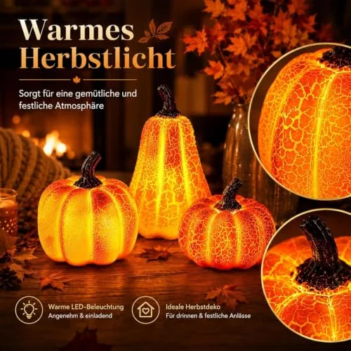 Sunshine smile ▫️ Decoração outonal com abóbora decorativa com luz LED, Conjunto de 3 lanternas de Halloween, decoração de outono, abóbora, decoração de outono, decoração com abóbora, luz para decoração de mesa, dia 3
