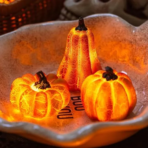 Sunshine smile ▫️ Decoração outonal com abóbora decorativa com luz LED, Conjunto de 3 lanternas de Halloween, decoração de outono, abóbora, decoração de outono, decoração com abóbora, luz para decoração de mesa, dia 6
