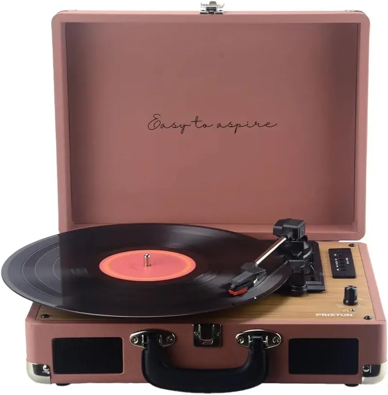 PRIXTON ▫️ VC400 - Gira-discos vintage, leitor de vinil e leitor de música via Bluetooth e USB, 2 altifalantes incorporados, design em forma de mala (Mocha Mousse)