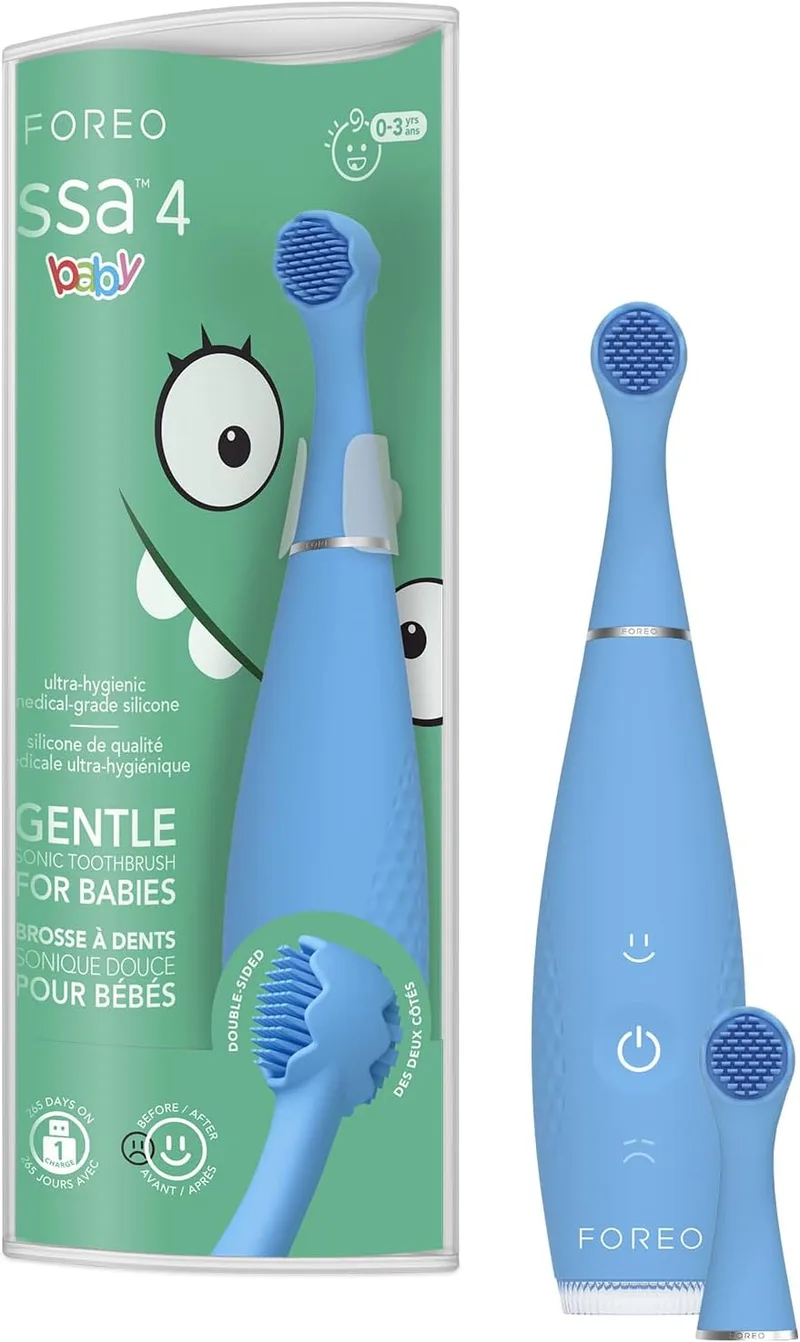 FOREO ▫️ ISSA 4 Baby - Escova de dentes sónica em silicone para bebés e crianças, cerdas ultra-suaves, massagem das gengivas, temporizador LED, recarregável por USB, escova de dentes de viagem à prova de água - Bubble Blue