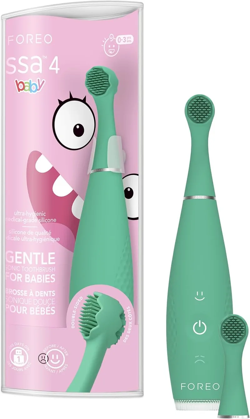 FOREO ▫️ ISSA 4 Baby – Escova de dentes sónica de silicone para bebés e crianças pequenas, cerdas ultra-suaves, massagem das gengivas, temporizador LED, recarregável via USB, escova de viagem à prova de água - Kiwi Green