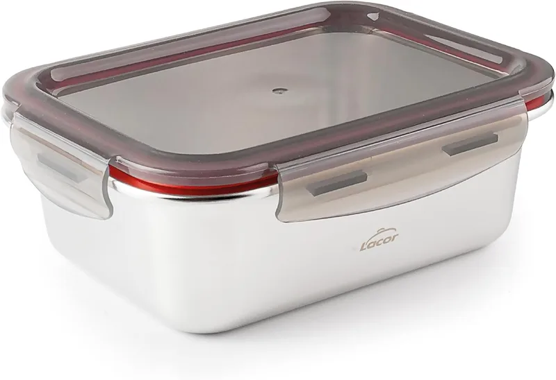 LACOR ▫️ 64618 - Recipiente retangular para alimentos Ecoinox, aço inoxidável 18/10, 480 ml, Micro-ondas, forno, congelador e máquina de lavar louça, hermético, 4 fechos de clipe, sem BPA