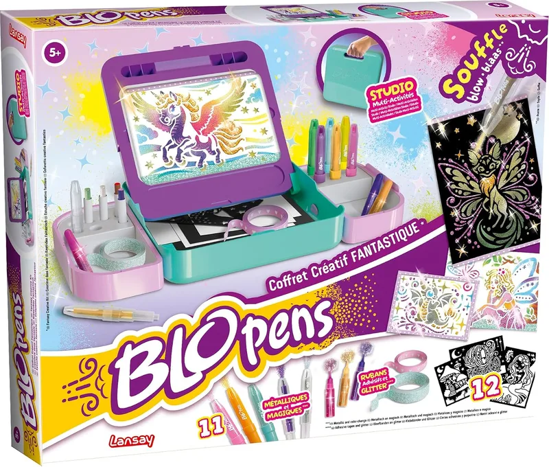 Lansay ▫️ BLOPENS CAIXA CRIATIVA FANTÁSTICA | Conjunto de desenho infantil com marcadores de sopro, moldes, efeito de aerógrafo e purpurina | Atividade criativa a partir dos 5 anos | Acessórios incluídos