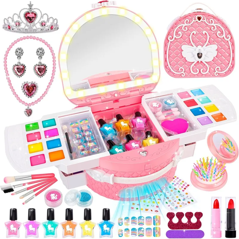Herenear ▫️ Conjunto de manicura para raparigas com verniz para unhas, secador de verniz para unhas, brinquedos para estúdio de unhas para crianças, autocolantes para unhas, presente de aniversário para raparigas (rosa)