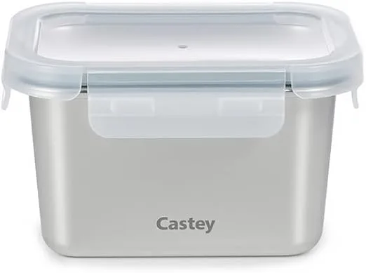 Castey ▫️ Recipiente retangular em aço inoxidável, fecho hermético com tampa, para conservação de alimentos, tampa sem BPA, design antiderramamento, adequado para a máquina de lavar louça (C-A750)
