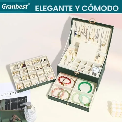 Granbest ▫️ Caixa para joias de 3 camadas com 2 gavetas, elegante organizador de joias, estojo de couro para guardar joias, ideal para colares, pulseiras, anéis e brincos (verde escuro) 2