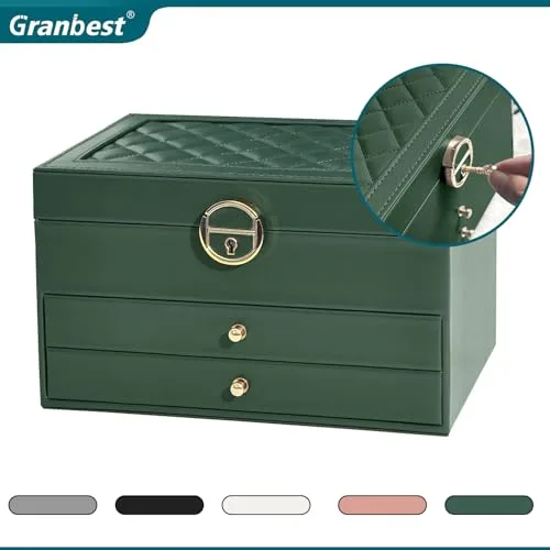 Granbest ▫️ Caixa para joias de 3 camadas com 2 gavetas, elegante organizador de joias, estojo de couro para guardar joias, ideal para colares, pulseiras, anéis e brincos (verde escuro) 3