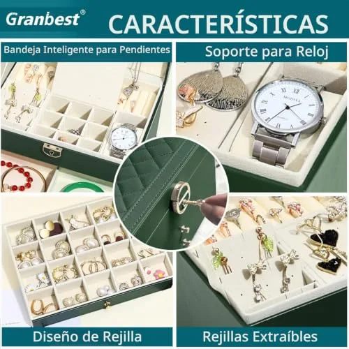 Granbest ▫️ Caixa para joias de 3 camadas com 2 gavetas, elegante organizador de joias, estojo de couro para guardar joias, ideal para colares, pulseiras, anéis e brincos (verde escuro) 4
