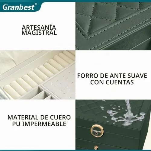 Granbest ▫️ Caixa para joias de 3 camadas com 2 gavetas, elegante organizador de joias, estojo de couro para guardar joias, ideal para colares, pulseiras, anéis e brincos (verde escuro) 5