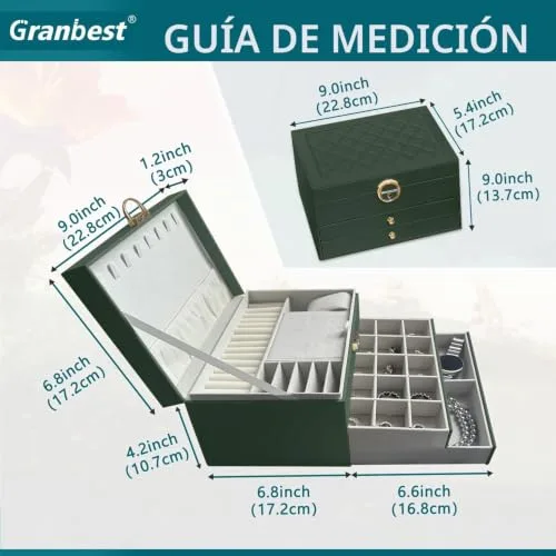 Granbest ▫️ Caixa para joias de 3 camadas com 2 gavetas, elegante organizador de joias, estojo de couro para guardar joias, ideal para colares, pulseiras, anéis e brincos (verde escuro) 6
