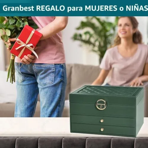 Granbest ▫️ Caixa para joias de 3 camadas com 2 gavetas, elegante organizador de joias, estojo de couro para guardar joias, ideal para colares, pulseiras, anéis e brincos (verde escuro) 7