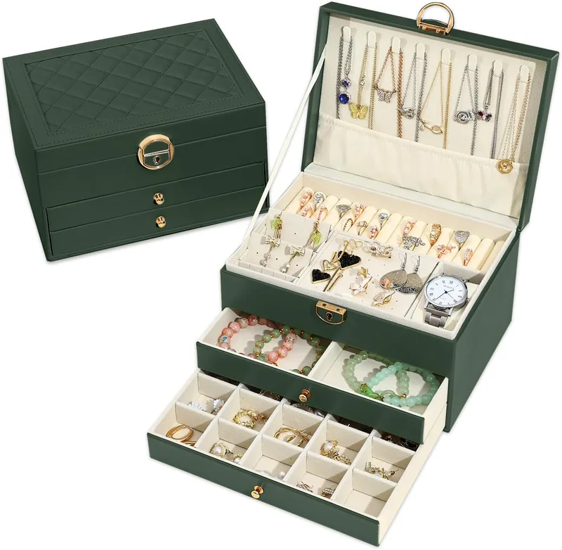 Granbest ▫️ Caixa para joias de 3 camadas com 2 gavetas, elegante organizador de joias, estojo de couro para guardar joias, ideal para colares, pulseiras, anéis e brincos (verde escuro)