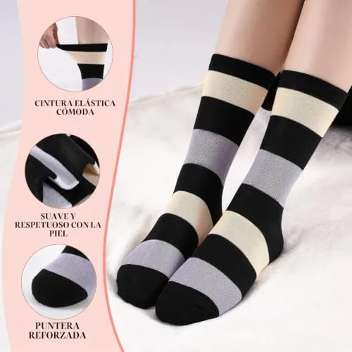 Cirorld ▫️ 10 pares de meias coloridas para mulher, em algodão, tamanhos 39-42, meias médias, desportivas e confortáveis, de inverno e respiráveis, com padrões de riscas e bolinhas​ 7