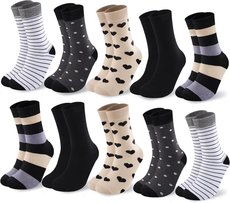 Cirorld ▫️ 10 pares de meias coloridas para mulher, em algodão, tamanhos 39-42, meias médias, desportivas e confortáveis, de inverno e respiráveis, com padrões de riscas e bolinhas​
