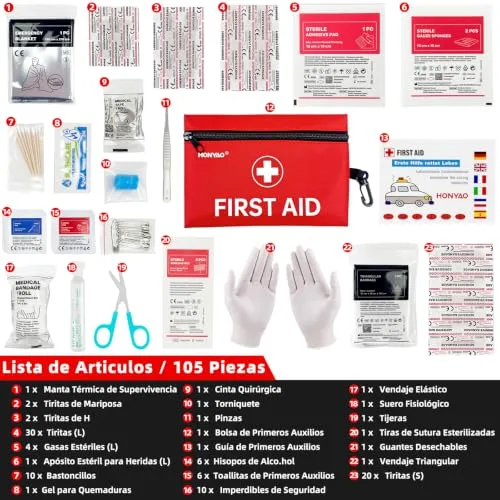 HONYAO ▫️ Kit de Primeiros Socorros com 105 peças, Mini Kit de Primeiros Socorros, Kit de Primeiros Socorros para Casa, Viagens, Caminhadas, Carro, Moto e Trabalho, Vermelho 2
