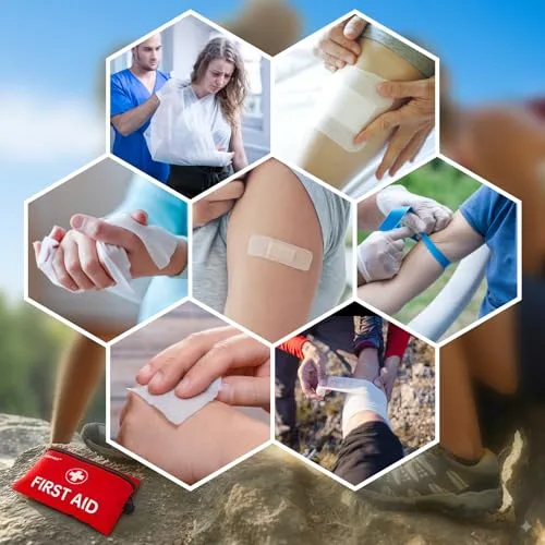 HONYAO ▫️ Kit de Primeiros Socorros com 105 peças, Mini Kit de Primeiros Socorros, Kit de Primeiros Socorros para Casa, Viagens, Caminhadas, Carro, Moto e Trabalho, Vermelho 7