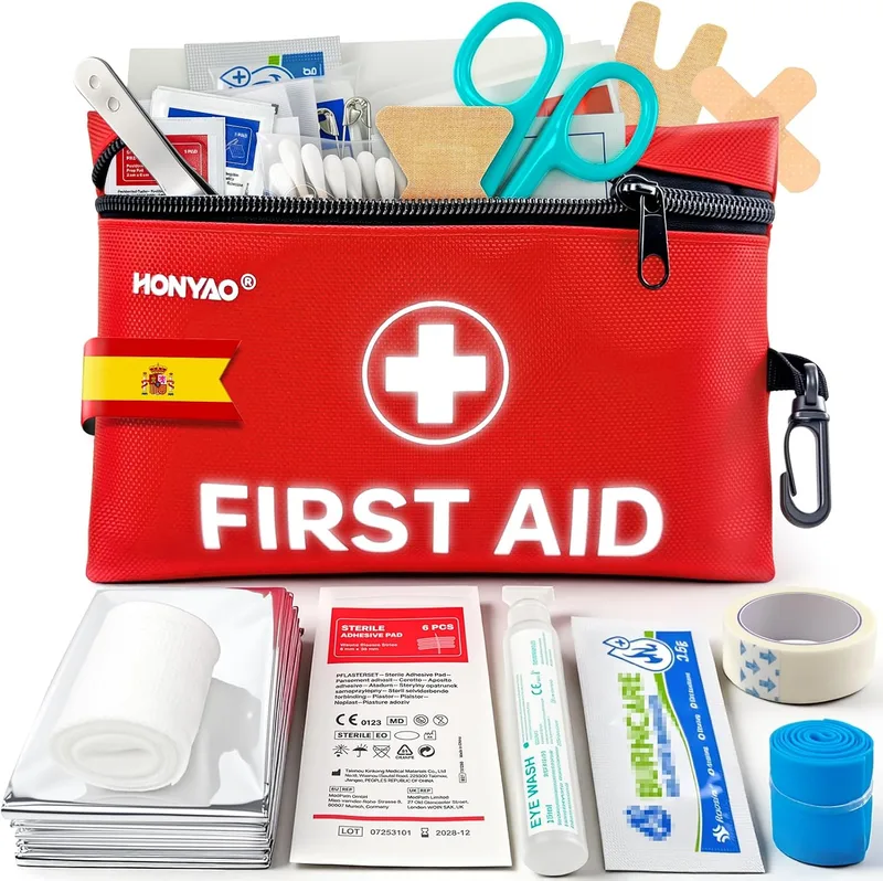 HONYAO ▫️ Kit de Primeiros Socorros com 105 peças, Mini Kit de Primeiros Socorros, Kit de Primeiros Socorros para Casa, Viagens, Caminhadas, Carro, Moto e Trabalho, Vermelho