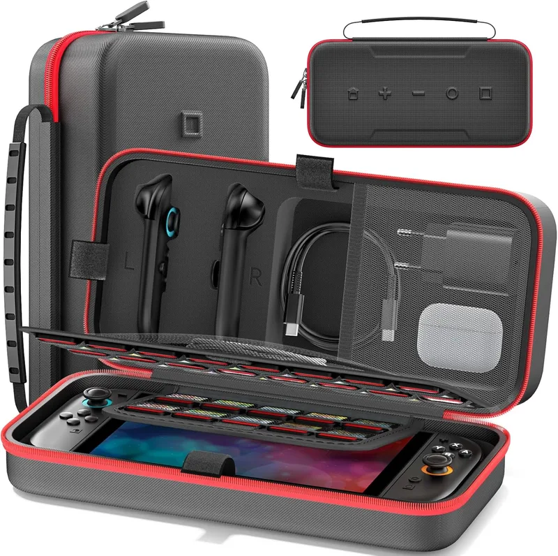 Tokluck ▫️ Mala de transporte para Switch 2 Joy-con 2025/OLED 2021/2017, mala de viagem para consola Switch e comando Joy-con, mala de acessórios Nintendo para 26 cartões de jogo e adaptador CA, vermelho