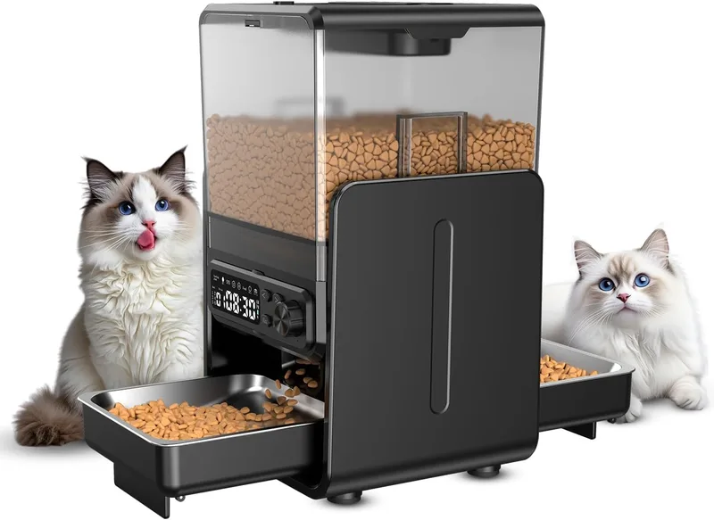 Cityflee ▫️ Comedouro automático para gatos para 2 gatos, 5 l/20 chávenas, com tabuleiros ajustáveis, painel de controlo amovível, temporizador, comedouro automático para gatos e cães para ração seca