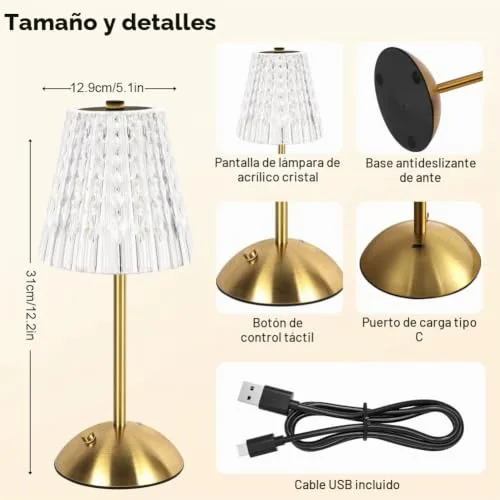 vsshe ▫️ Candeeiro sem fios, candeeiro recarregável de 2000 mAh com USB-C, 3 temperaturas de cor, candeeiro de mesa com cristal ao toque, candeeiro de mesa sem fios para quarto, café, bar, jantar (dourado) 2