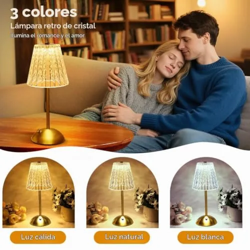 vsshe ▫️ Candeeiro sem fios, candeeiro recarregável de 2000 mAh com USB-C, 3 temperaturas de cor, candeeiro de mesa com cristal ao toque, candeeiro de mesa sem fios para quarto, café, bar, jantar (dourado) 3