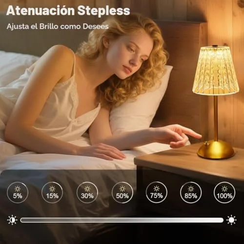 vsshe ▫️ Candeeiro sem fios, candeeiro recarregável de 2000 mAh com USB-C, 3 temperaturas de cor, candeeiro de mesa com cristal ao toque, candeeiro de mesa sem fios para quarto, café, bar, jantar (dourado) 4