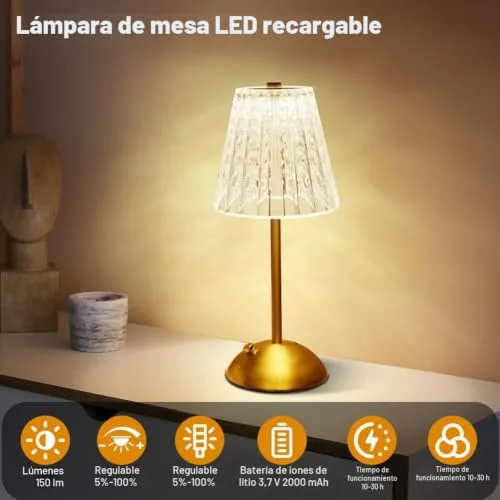 vsshe ▫️ Candeeiro sem fios, candeeiro recarregável de 2000 mAh com USB-C, 3 temperaturas de cor, candeeiro de mesa com cristal ao toque, candeeiro de mesa sem fios para quarto, café, bar, jantar (dourado) 5
