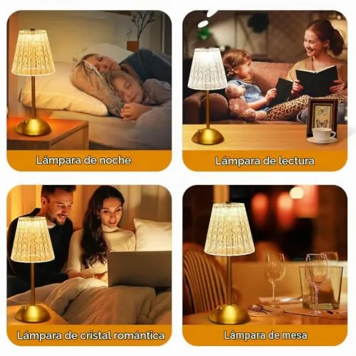 vsshe ▫️ Candeeiro sem fios, candeeiro recarregável de 2000 mAh com USB-C, 3 temperaturas de cor, candeeiro de mesa com cristal ao toque, candeeiro de mesa sem fios para quarto, café, bar, jantar (dourado) 6