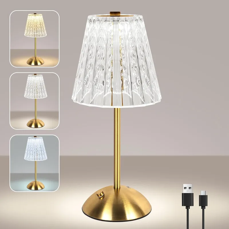 vsshe ▫️ Candeeiro sem fios, candeeiro recarregável de 2000 mAh com USB-C, 3 temperaturas de cor, candeeiro de mesa com cristal ao toque, candeeiro de mesa sem fios para quarto, café, bar, jantar (dourado)