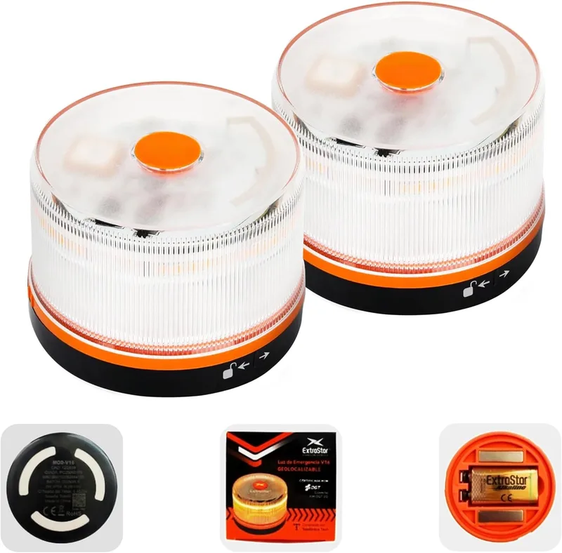 HIBRON ▫️ Luz de Emergência EXTRASTAR V16 DGT Homologada com Geolocalização, Luz de Emergência DGT 3.0 para Carro Ligado, Dados Incluídos até 12/2038, Embalagem 2 Unidades