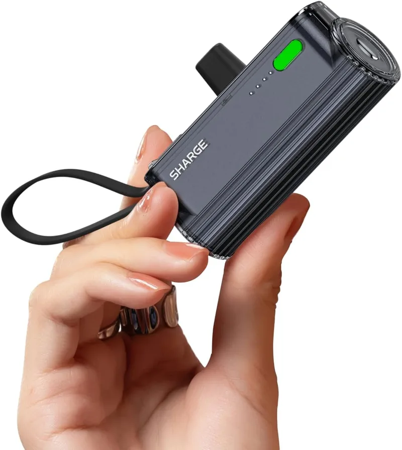 sharge ▫️ Bateria externa Flow Mini 2 de 22,5 W com cabo integrado, bateria externa portátil para viagens, carregamento rápido com conetor USB-C e iOS. Compatível com iPhone 16/15/14, Galaxy e muito mais