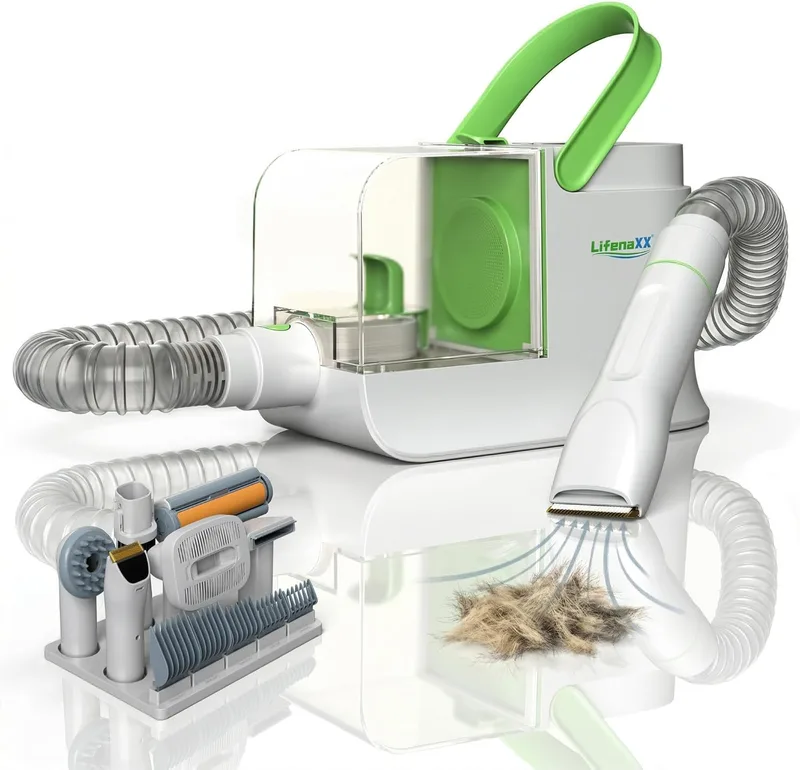 Lifenaxx ▫️ Máquina de cortar pelo para animais de estimação 6 em 1 com aspirador – Kit de tosa silencioso para cães e gatos, máquina de cortar pelo elétrica com 6 pentes, escova para desembaraçar, cabeça de massagem - LX-052