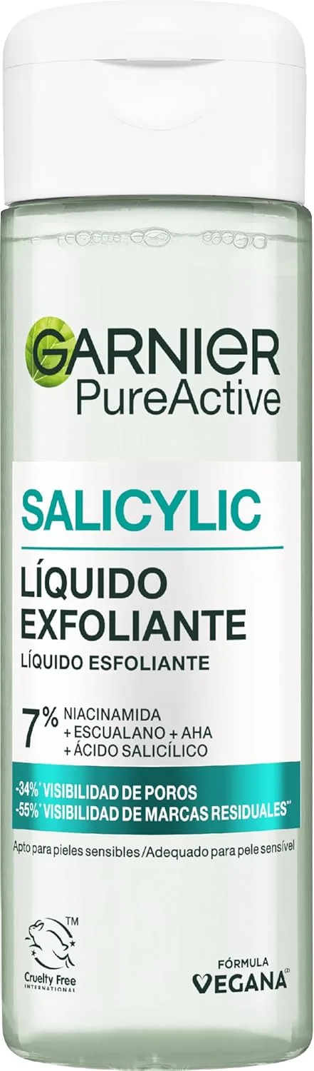 Garnier ▫️ PureActive Salicylic Exfoliating Liquid com 7% [Niacinamida + Esqualano + AHA + Ácido Salicílico] -34% de visibilidade dos poros. Adequado para peles sensíveis 120ML