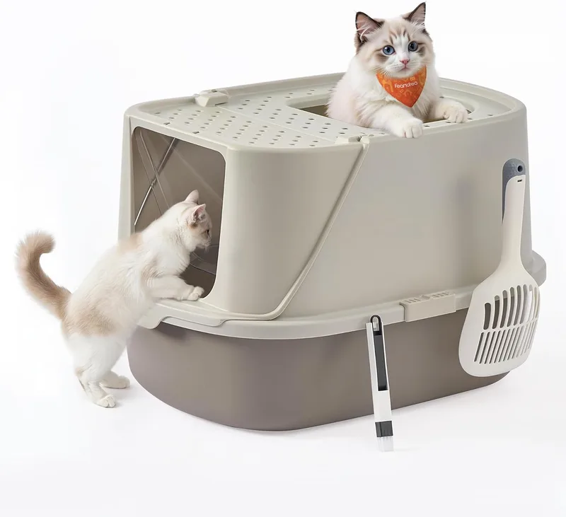 Feandrea ▫️ Caixa de Areia para Gatos XXL, com Tampa, Pá e Escova, para gatos até 15 kg, Cor Aveia e Cinza Quente PPT011LH01