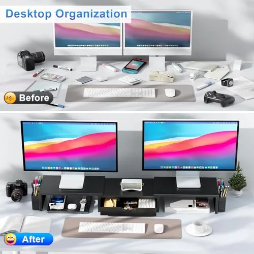 Pygocereri ▫️ Suporte elevador para dois monitores, organizador de secretária com gaveta e 2 suportes para canetas, suporte para monitor de computador, prateleira de secretária para a parte superior da secretária 2