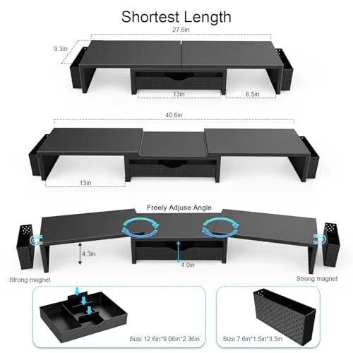 Pygocereri ▫️ Suporte elevador para dois monitores, organizador de secretária com gaveta e 2 suportes para canetas, suporte para monitor de computador, prateleira de secretária para a parte superior da secretária 5