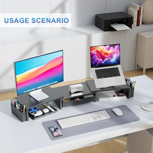 Pygocereri ▫️ Suporte elevador para dois monitores, organizador de secretária com gaveta e 2 suportes para canetas, suporte para monitor de computador, prateleira de secretária para a parte superior da secretária 6
