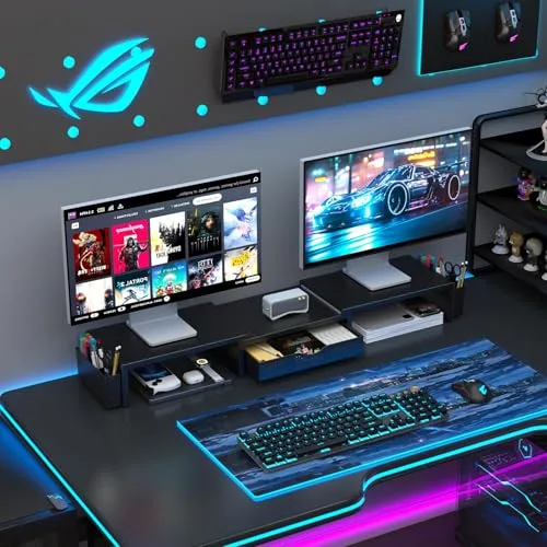 Pygocereri ▫️ Suporte elevador para dois monitores, organizador de secretária com gaveta e 2 suportes para canetas, suporte para monitor de computador, prateleira de secretária para a parte superior da secretária 7