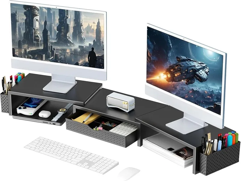 Pygocereri ▫️ Suporte elevador para dois monitores, organizador de secretária com gaveta e 2 suportes para canetas, suporte para monitor de computador, prateleira de secretária para a parte superior da secretária