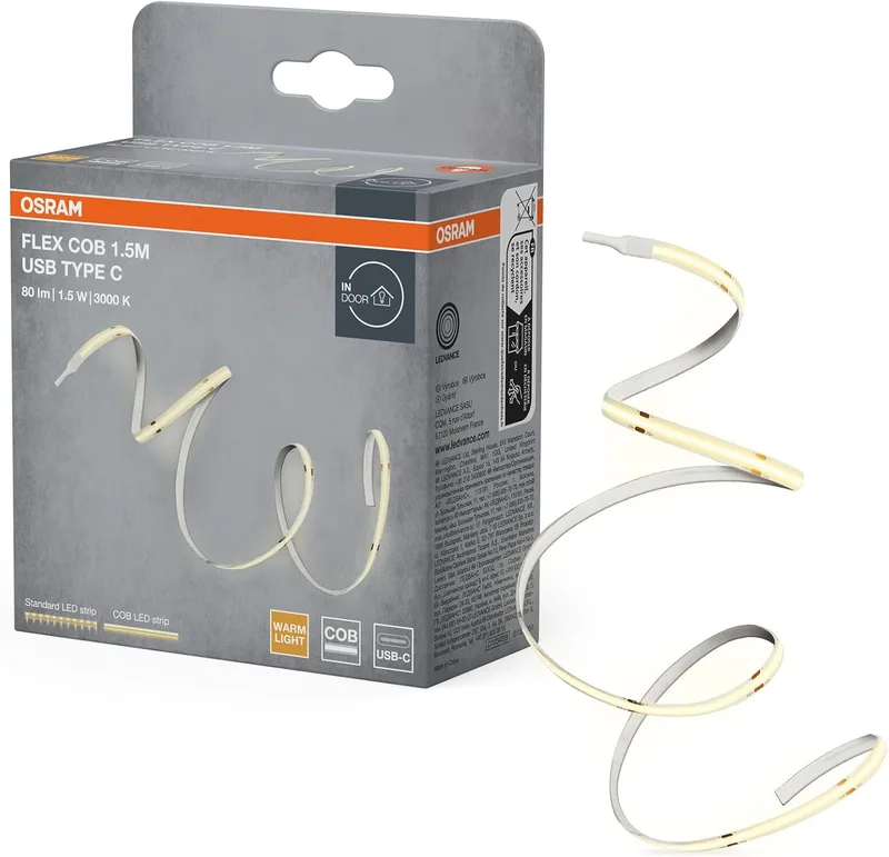 OSRAM ▫️ Fitas FLEX COB com ligação USB tipo C, 1,5 m, 830