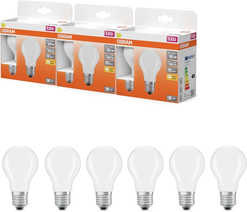 OSRAM ▫️ Lâmpada LED em forma de estrela, filamento A60, 2700 K (branco quente), 5,9 W, E27, acabamento mate, 806 lm, 15 000 h, para candeeiros de teto e de pé, antirreflexo, embalagem de 3 unidades