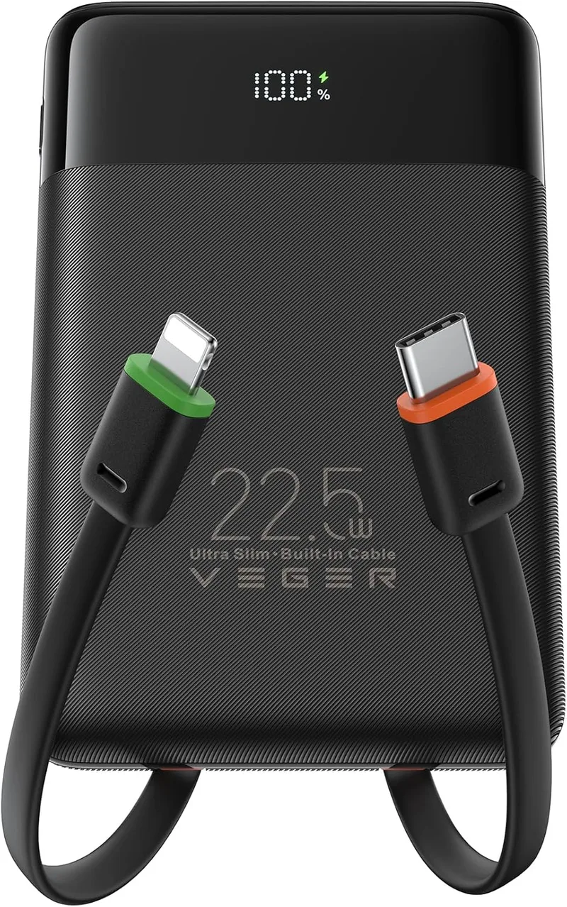 VEGER ▫️ Power Bank com Cabos Integrados, Bateria Portátil USB C de 10000mAh, Mini Bateria Externa de 22,5W Carregamento Rápido Compatível com Telemóveis, Tablets, Coletes Aquecidos, etc.