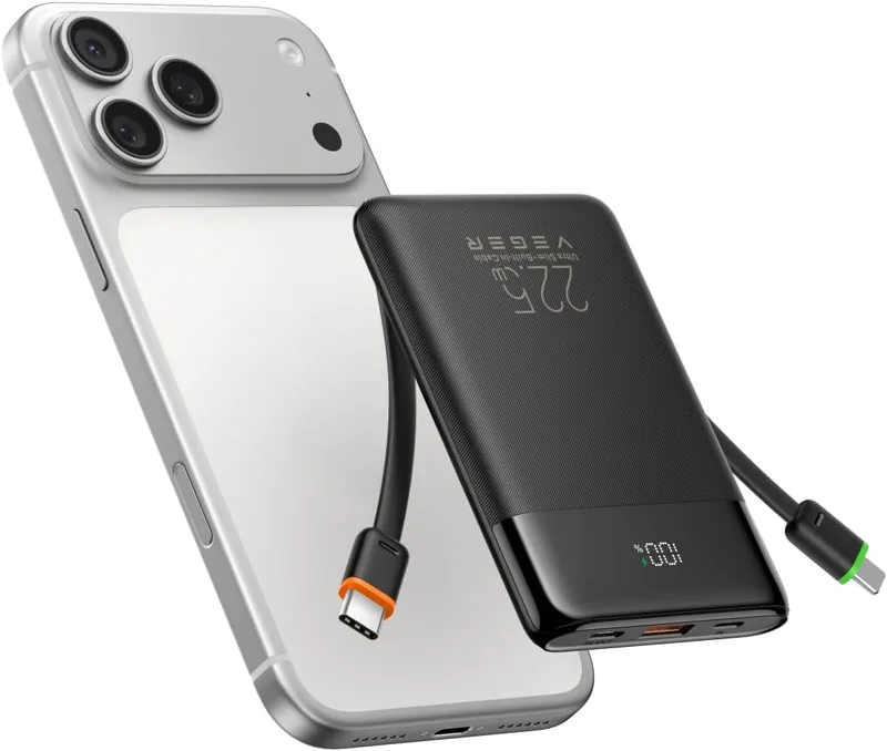 VEGER ▫️ Bateria Externa de Carregamento Rápido de 10 000 mAh com Cabo