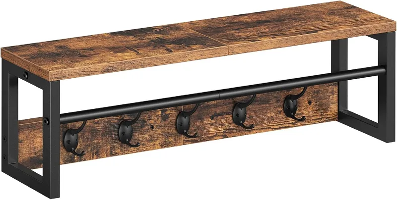 HOOBRO ▫️ Cabideiro de parede com prateleira, cabideiro suspenso com barra e 5 ganchos, prateleira suspensa para guarda-chuvas e chapéus, para a entrada, corredor e sala de estar, em preto e castanho rústico EBF78YM01