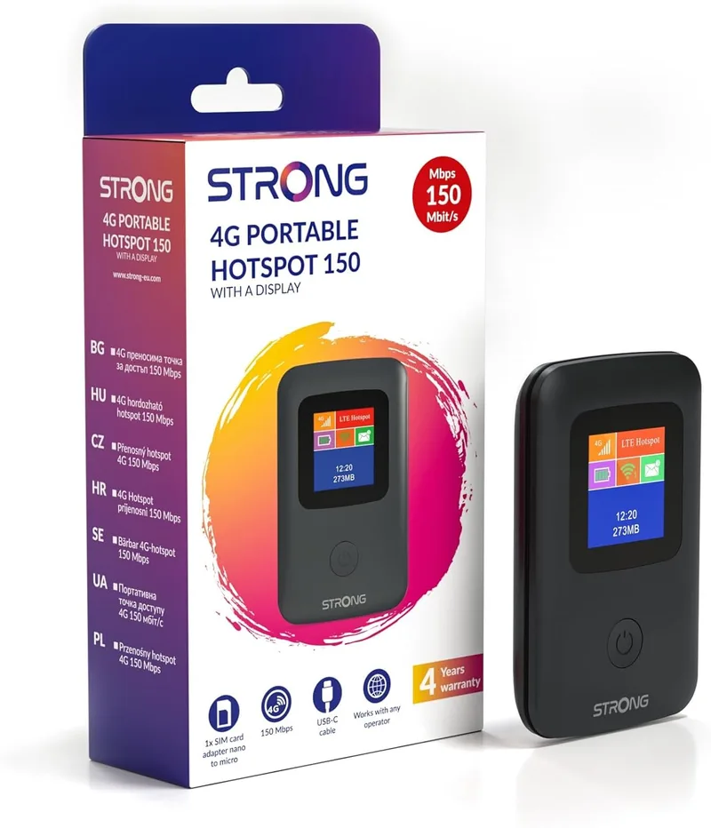 Strong ▫️ 4G AIRSPOT 220 – Router Wi-Fi portátil com cartão SIM, ecrã a cores, 4G LTE CAT4 150 Mbps, ponto de acesso Wi-Fi portátil para viagens, liga até 10 dispositivos, bateria de 2100 mAh, USB-C, função de carregador portátil